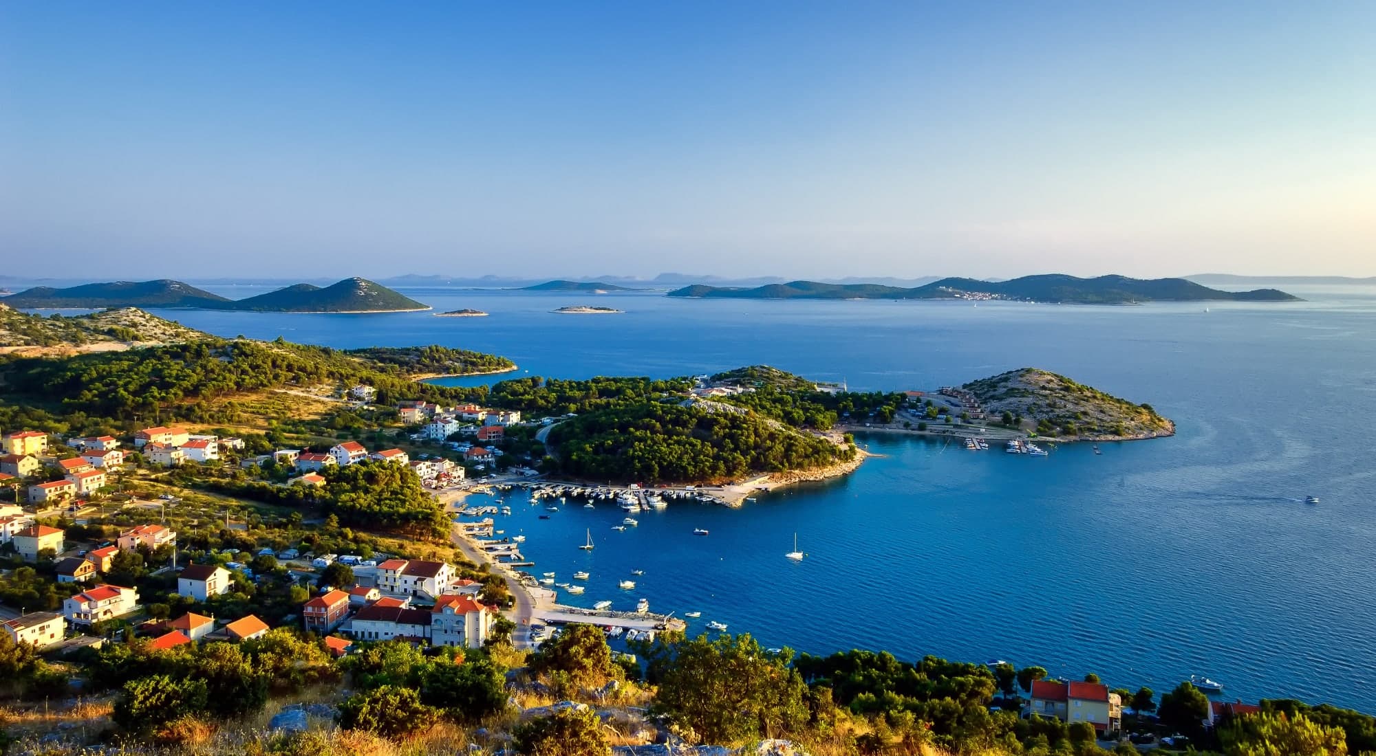 A harbour village on the Zadar riviera with the islands of the archipelago behind